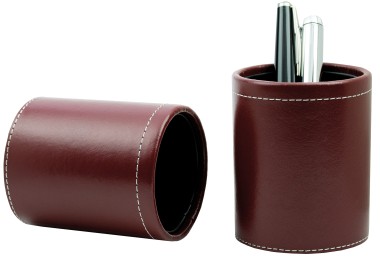 Stifteköcher rund CAMBRIDGE Top Grain Rindspaltleder mit heller Kontrastnaht rot Format ca. 7,5 x 9 cm hoch